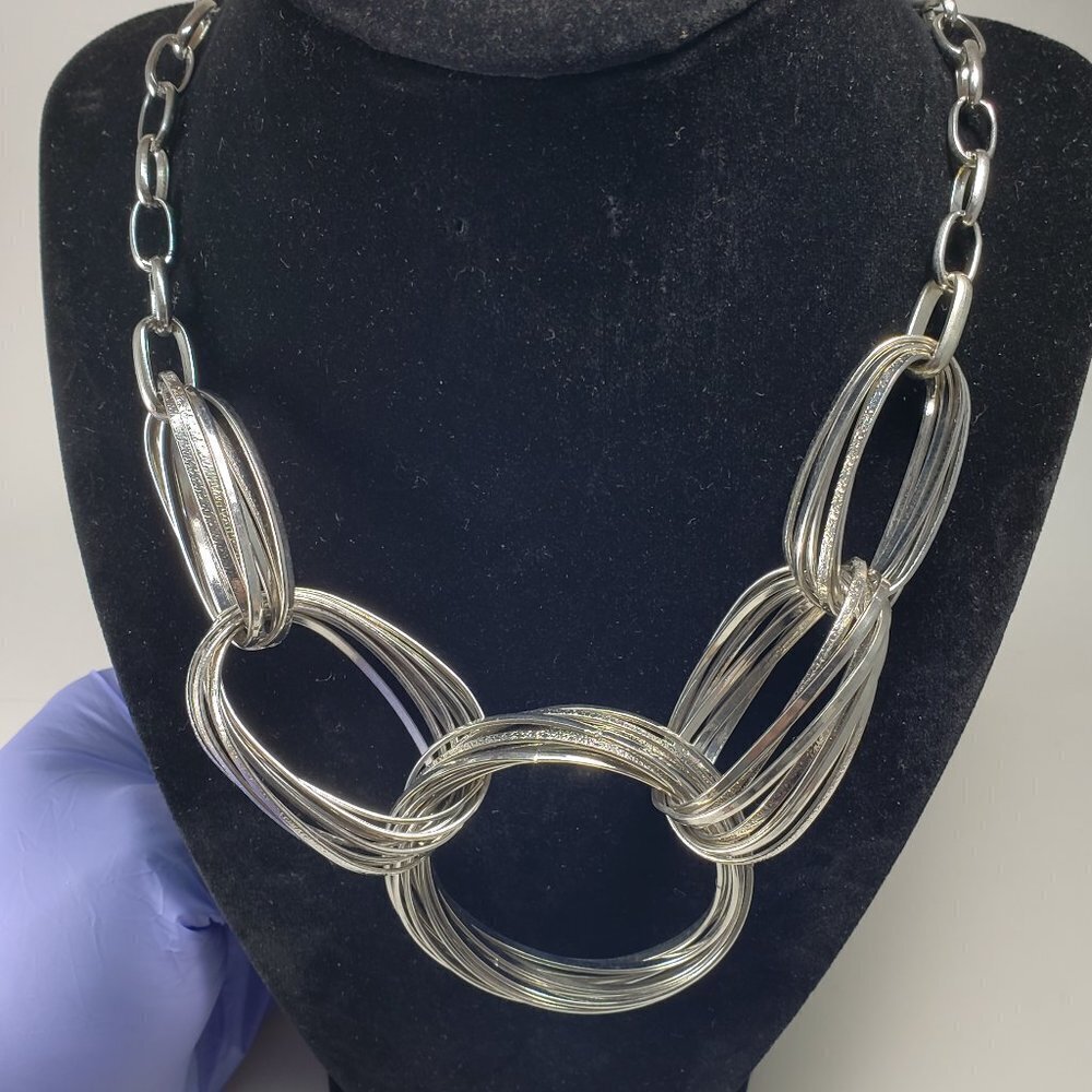 Bold Silver Statement Necklace Layered Hoops & Ov… - image 6